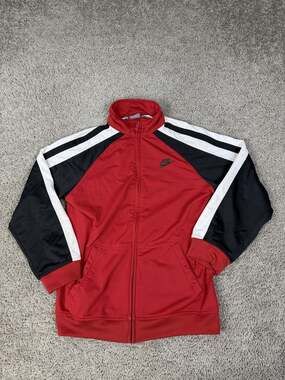 Nike Jacket Boys L Red Black White Full Zip Track Colorblock Sleeve Stripes